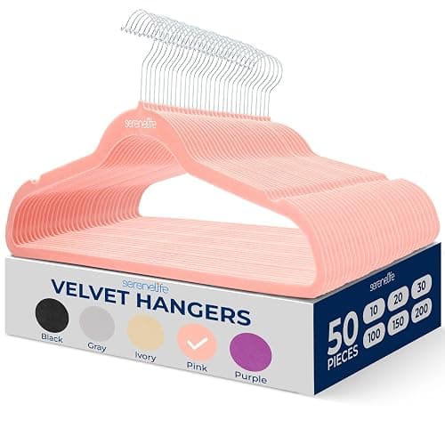 SereneLife Velvet Hangers – 50 Pack, Slim & Space Saving for Closets | Soft velvet grip prevents slipping on silk, satin & knitwear – 360° swivel hook fits all standard closet rods - Image 1