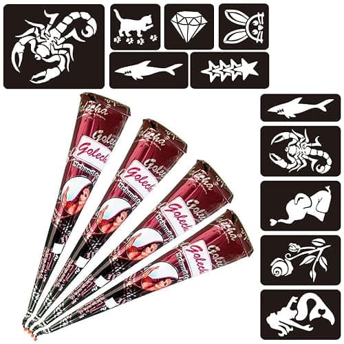 Naturic 4x Henna Tattoo, Temporäre Tattoo + 11x Henna Tattoo Schablone, Temporäre Mehndi Tattoos, Natürliche Kegel, Tattoo sticker, Temporäre Tätowierung - Rotbraun - Image 1
