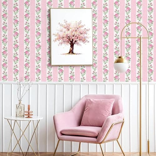 FYSUIMU Floral Striped Peel and Stick Wallpaper Roll Vintage Pink Rose Flower Stripe Contact Paper Self-Adhesive Wall Decoration for Farmhouse Home Bedroom Bathroom, 17 in x 10 Ft thumbnail 4