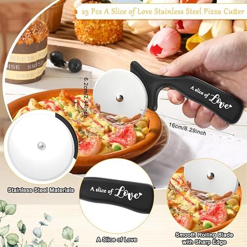 Jingmore Pizza Cutters Wedding Party Favor with Thank You Cards Bag, 25 Set | Stainless Steel, Organza Bags, Bridal Shower Party Favors, Bulk Return Gifts for Guests, Slice of Love Design Tags thumbnail 3