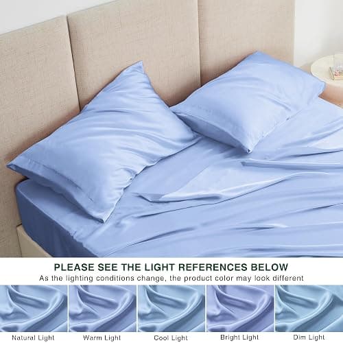 Love's cabin Satin Queen Sheets Set - 4 Piece Sky Blue Silky Bed Sheets with Deep Pocket, Luxury Silk Feel Satin Queen Size Sheet Set (1 Flat Sheet,1 Fitted Sheet,2 Pillow Cases) thumbnail 7