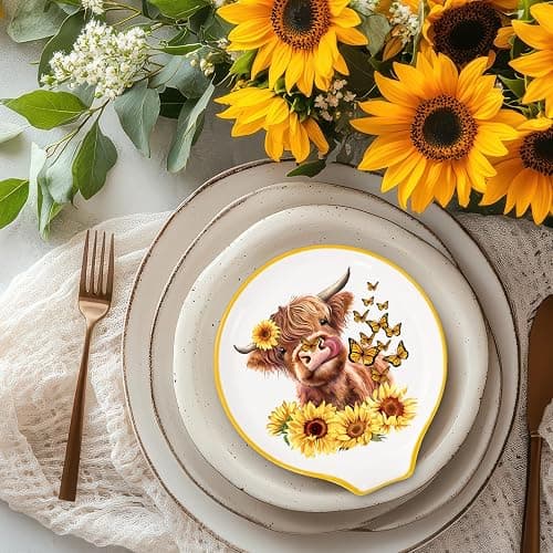 JarThenaAMCS 4.7inch Highland Cow Spoon Rest Watercolor Sunflower Butterfly Cow Small Coffee Spoon Holder for Fall Spring Summer Coffee Stirrers Teaspoon Bar Coffee Station Accessories Kitchen Decor thumbnail 6