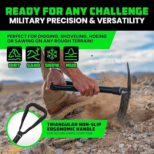 RHINO USA Folding Survival Shovel w/Pick - Heavy Duty Carbon Steel Military Style Entrenching Tool for Off Road, Camping, Gardening, Beach, Digging Dirt, Sand, Mud & Snow. thumbnail 5