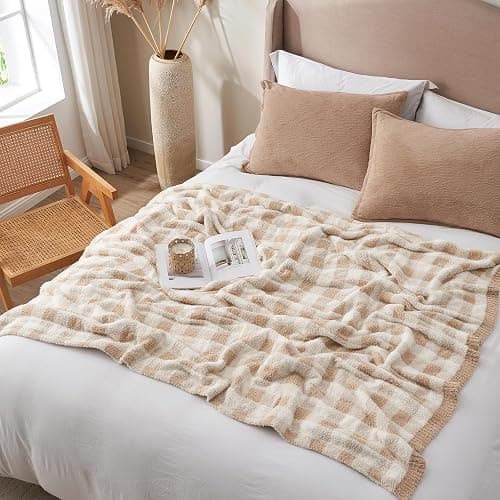 Snuggle Sac Buffalo Plaid Bedding Blanket Twin Size, Super Soft, Cozy Warm Knit Decorative Blankets, Reversible Plaid Fluffy Throws for Bed, Plaid Beige, 60x80 Inches thumbnail 6