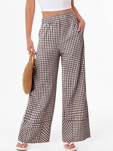 ANRABESS Womens Gingham Striped Wide Leg Palazzo Lounge Pants with Pockets | Checkered & Plaid PJ Pajama, Casual & Cute Boxer Bottoms, Elastic Waist Trousers with Pockets, Comfy Fall Outfits thumbnail 3