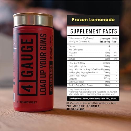 4 Gauge Natural Preworkout Without The Jitters | 30 Servings | Nitric Oxide Booster | L-Citrullline, L-Carnitine, Creatine | No Artificial Ingredients | Frozen Lemonade thumbnail 6