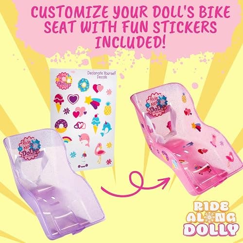 Ride Along Dolly Doll Bicycle Seat- The Original Bike Attachment for 18"-22" Dolls and Stuffed Animals- Decorate Yourself Decals Included, Fits Most Bikes, Birthday (Pink)- Christmas thumbnail 5
