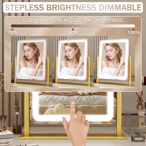 ROLOVE Gold Vanity Mirror with Lights, 15"x13" Lighted Makeup Mirror with Smart Touch, 3-Color Dimmable Lighting, 360° Rotation, Tabletop Mirror for Desk or Bedroom thumbnail 5