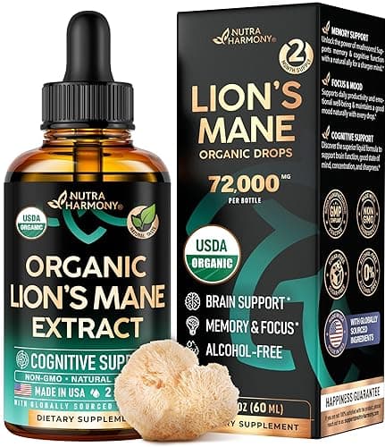 Lions Mane Liquid - USDA Certified Organic Lions Mane Supplement - Brain Support, Energy, Memory & Focus - Sugar & Alcohol-Free Lions Mane Mushroom Extract 72,000 mg / Bottle - 2 Fl OZ, 2 Month Supply - Image 1