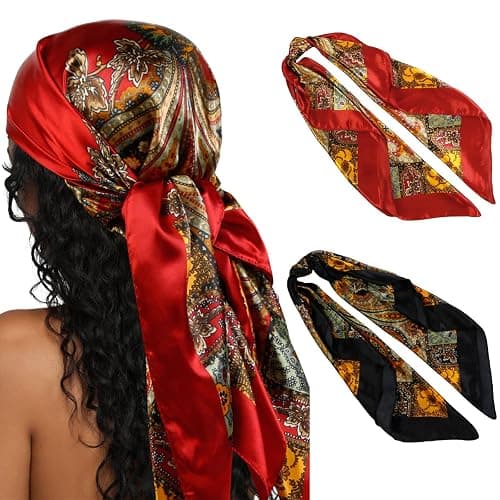 Head Scarf for Women Red Silk Bandana Pirate Costume Accessories, Pirate Head Scarf for Hair Wrapping and Sleeping 35 Inches - Image 1