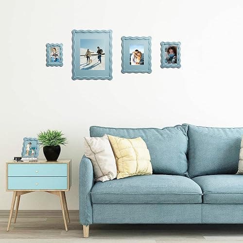 iRahmen 4x6 Wavy Picture Frame Set of 2 - Scalloped Frame Display Picture 3.5x5 with Mat or 4 x 6 Without Mat, Blue Photo Frame with Tempered Glass for Tabletop Display and Wall Mount thumbnail 2