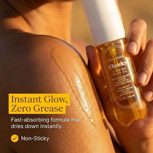 NATURE WELL Cheeky Firming Body Oil, Luxuriously Glowy & Fast-Absorbing Formula Designed to Nourish, Firm, & Visibly Smooth Skin, Scented with Pistachio, Almond, Coconut, & Salted Caramel, 3.4 Oz thumbnail 4
