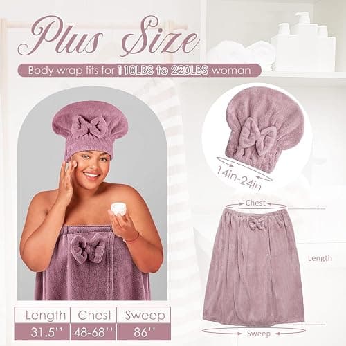 Xtinmee 2 Sets Plus Size Womens Wrap Towel with Hair Towel Bath Wrap Shower Dress Spa Bathrobe for Women's Bathrobe (Purple, Lotus Pink) thumbnail 3