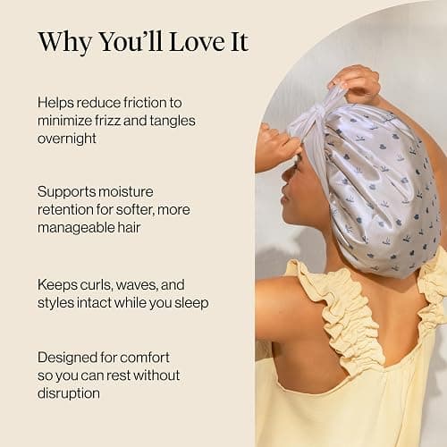 Kitsch XL Satin Bonnet for Sleeping - Softer Than Silk Bonnet For Sleeping Women, Secure Fit Adjustable Night Cap For Curly & Textured Hair & Prevents Breakage - Pearlized Cream & Coastal Blue Print thumbnail 5