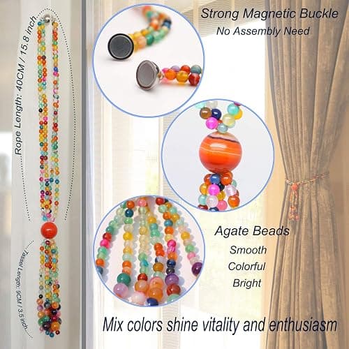 Magnetic Curtain Tiebacks, 2 Pack Colorful Agate Tassel Curtain Drapery Holdbacks, Boho Curtain Ties for Home Office Decorative thumbnail 4