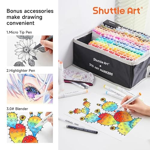 Shuttle Art 310 Colors Alcohol Markers, 309 Colors Dual Tip Art Marker Set Plus Colorless Blender, Micro-tip Pens, White Highlighter Pens, Marker Bag with Holders Perfect for Students Adults Coloring thumbnail 5