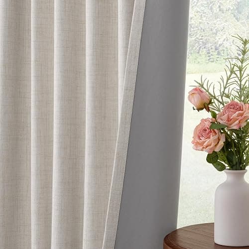 INOVADAY 100% Blackout Curtains for Bedroom Black Out Curtains 84 Inch Long | Beige Curtains for Living Room 2 Panels, Clip Rings Linen Look Blackout Drapes, Thermal Insulated Room Darkening,W50xL84 thumbnail 7
