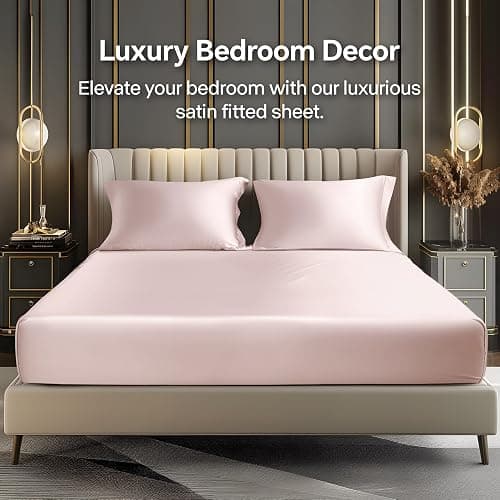 BEDELITE Satin Fitted Sheet & Pillowcases Set, Full Size, Pink, 3 Pieces | Luxury Soft Silk-Like Fitted Sheet Set, 15 Inch Deep Pocket, Elegant Smooth and Reduces Friction, Gentle on Hair and Skin thumbnail 2