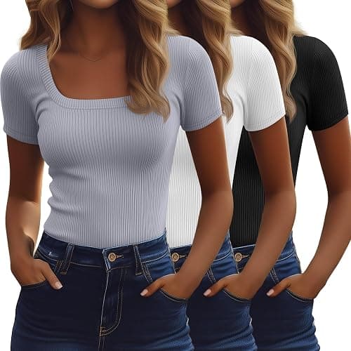 Ficerd 3 Pack Women's Short Sleeve Scooped Neck T Shirts Tops Basic Ribbed Knit Tee Slim Fit Solid Color Shirt - Image 1