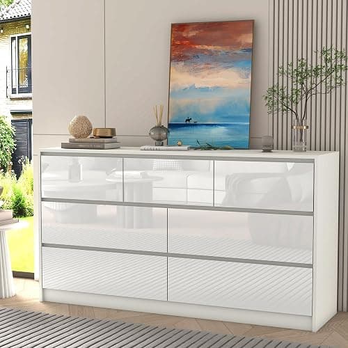 White Malm Dresser for Bedroom, 55 Inch Long Dresser High Gloss Dresser with 7 Drawers, Modern Large Wood Chest of Drawer Handle Free, Dresser for Kids Bedroom, Living Room, Entryway, Hallway, White - White thumbnail 3