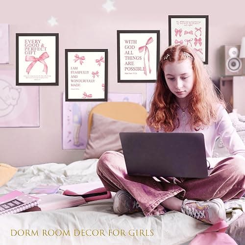 LARTSFRO Coquette Pink Bow Wall Art Decor Posters, Pink Bow Room Bedroom Bathroom Dorm Wall Art Decor Aesthetic for College Teen Girls Gifts, Inspirational Bible Verses Bow Wall Decor, 10x8 Inch Set of 4 Pcs Bow Pictures (DARK FRAMED) thumbnail 4