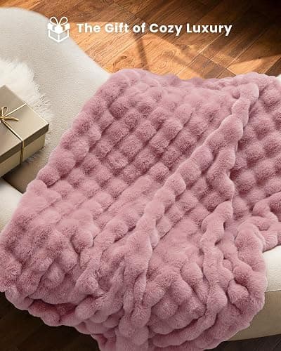 blunique Ultra Soft Cozy Faux Fur Throw Blanket, Fuzzy Plush Thick Bubble Blanket, Oversize Luxury Fluffy Blanket for Couch, Sofa, Bedroom, and Living Room,50x60 Inches,Pink thumbnail 4