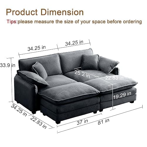 Qupeife Modular Sectional Sofa with 2 Ottoman, Cloud Couch Sectionals 2 Seat Sofa, Small Sectional Couch for Living Room (Grey, Loveseat with 2 Ottomans) thumbnail 2