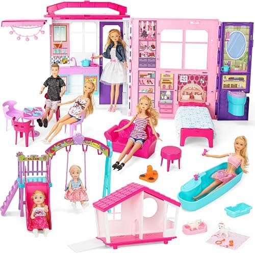 Style Shine Doll House Portable & Foldable Dollhouse w/ 60+ Pcs & 2 Dolls, Play House Toy with Bedroom Bathroom Kitchen Furniture Playset, Playhouse Gift for Girl Kid Toddler - Image 1