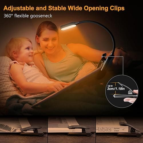 Gritin 16 LED Rechargeable Book Light for Reading in Bed- Eye Caring 3 Color Temperatures, Stepless Dimming Brightness, 80 Hrs Runtime, Lightweight Flexible Clip on Light for Book Lovers thumbnail 5