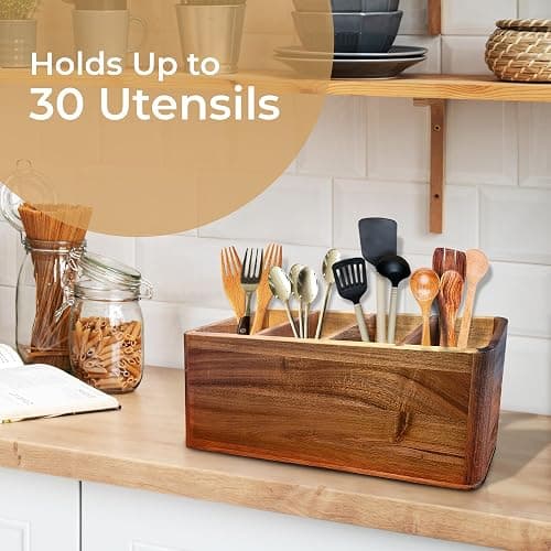 Dstuff Large Kitchen Utensil Holder Organizer for Counter or Countertop, Wooden Storage Container for Cooking and Silverware, Acacia Rustic Wood (4 Compartments) thumbnail 7