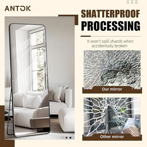 Antok Over The Door Mirror Full Length, 49'' x 14''Wall Mounted Hanging Mirror, Aluminum Alloy Frame, Shatterproof Glass, No Drill Installation for Bedroom, Closet, Bathroom, Dorm, Round Corner,Black thumbnail 5