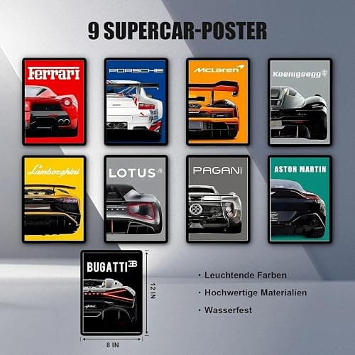 9 Stück Auto Posters, Supercar Poster, Supersportwagen Wall Art für Jungen und Männer, Schlafzimmer, Rennwagen-Wandkunst für Büro Wohnzimmer, Wohnzimmer, Geschenk für Autoliebhaber, Jugendliche thumbnail 2