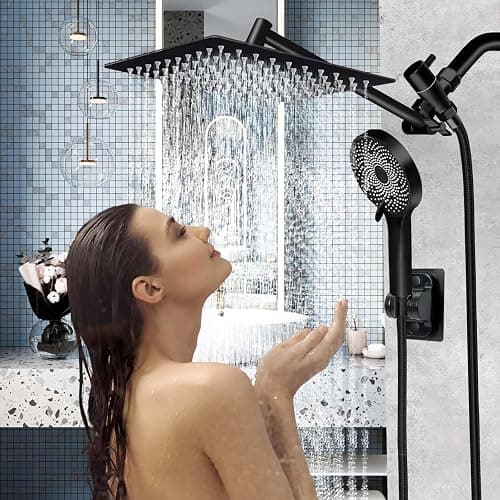 Shower Head,10 Inch High Pressure Rain Shower Head with Handheld Spray Combo, Adjustable Dual Rainfall Shower Head - Showerhead Comb Set with Extension Arm - 60 Inch Long Shower Hose（Black） thumbnail 2