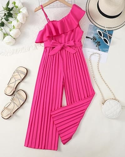 YOURUIKEY Girls' Jumpsuit Kids Ruffle Trim Halter Waist Belt Wide Leg Pleated Long Romper Tween Gilrs Summer Outfit Size 8-12 thumbnail 3