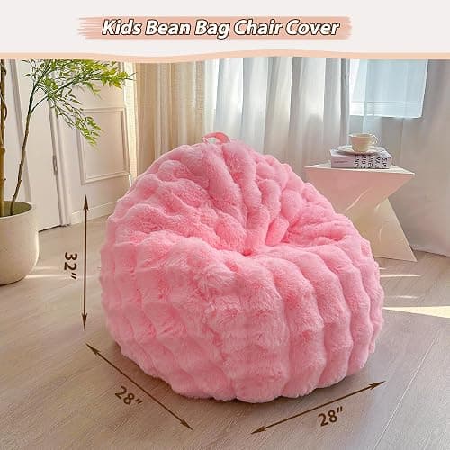 LIFEREVO Kids Fluffy Faux Rabbit Fur Bean Bag Chair Cover (No Filler), Soft Luxury Fuzzy Stuffed Animal Storage Bubble Bean Bag for Plush Toys, Cute Shaggy Furry Beanbag Cover Kids Girls Adults, Pink thumbnail 2