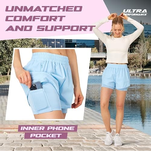 Ultra Performance Gym Shorts Women Pack of 2, Nylon Compression Workout Shorts Women with Liner - Medium - Black, Bell Blue thumbnail 3
