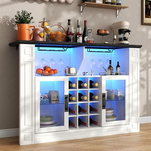 Gyfimoie Wine Bar Cabinet with LED Light, Kitchen Coffee Bar Cabinet with Glass Rack and Removable Wine Racks, Liquor Cabinet with Glass Door, Home Bar with Storage for Dining Room, Living Room thumbnail 8