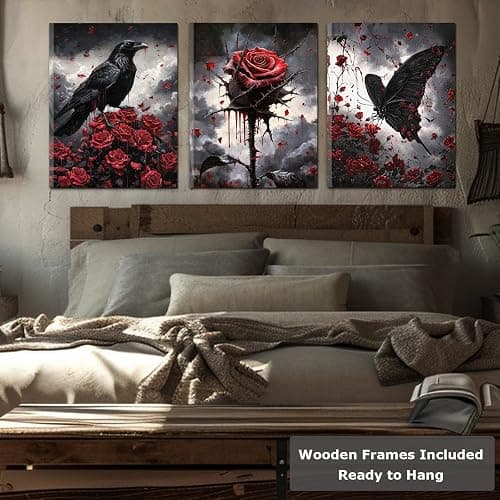 Framed Gothic Wall Art, Romantic Goth Decor, Spooky Dark Crow Flower Butterfly Aesthetic Pictures Decor for Bedroom Living Room Home(Framed, 12x16in, Set of 3, Ready to Hang) thumbnail 4