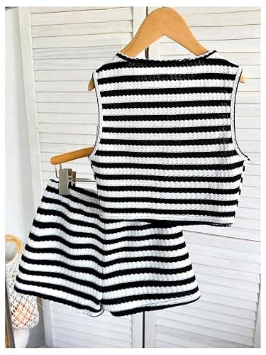 RoseSeek Girl's 2 Piece Striped Summer Outfits Textured Knit Sleeveless Crop Tank Top and Shorts Matching Set thumbnail 2