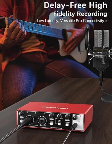 HOSONGIN USB Audio Interface for Beginners - 24Bit/192kHz, 48V Phantom Power, Plug & Play Recording for Podcast/Vocals/Guitar/Youtube, PC/Mac/iOS Compatible (New Red Metal) thumbnail 3