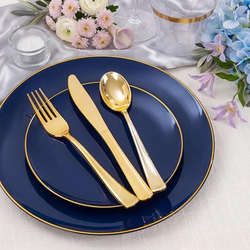 NOCCUR 350PCS Navy Blue Plastic Plates - Blue Disposable Dinnerware Set for 50 Guests, 100 Dinner/Dessert Plates, 150 Gold Silverware, 50 Cups&50 Napkins for Party/Wedding/Graduation/Independence Day thumbnail 7