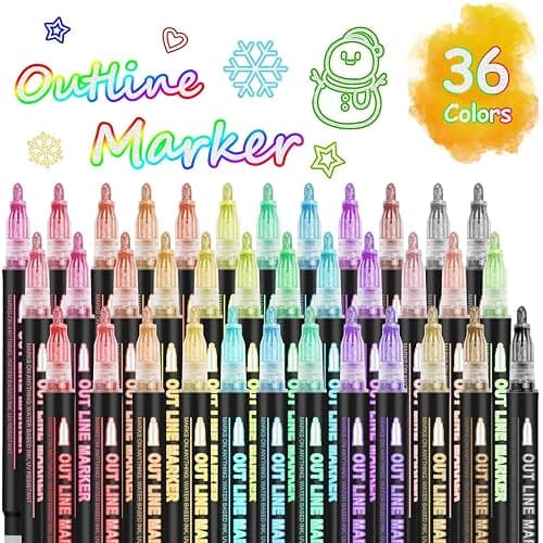 Double Line Super Squiggles Glitter & Metallic Markers, 36 Colors - Self Outline Pens for Doodle Art, Greeting Cards & Crafts - Image 1