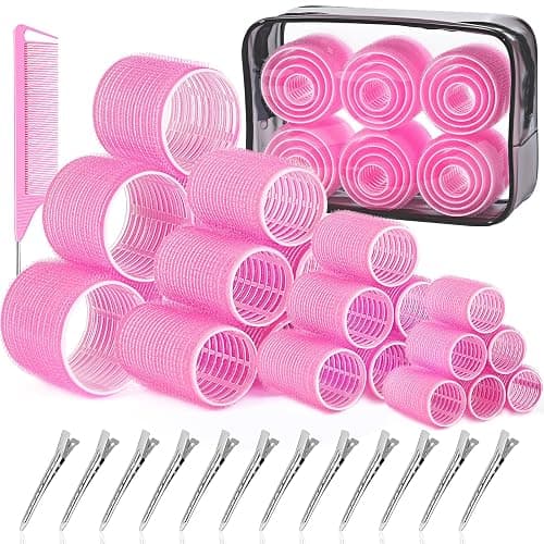 IKOCO Hair Rollers Set, 4 Sizes with 12 Clips and Comb - Self Grip Curlers for Long/Short Hair, Thermal Safe Rollers for Salon-Worthy Styling Pink - Image 1