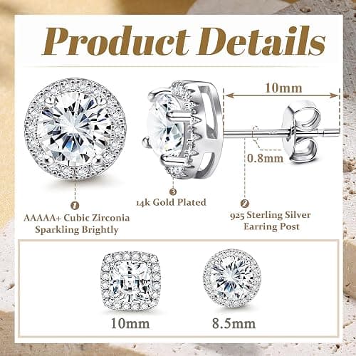 Hayoso 18K Gold Plated Halo Stud Earrings 925 Sterling Silver Cubic Zirconia Stud Earrings Round Square Diamonique Stud Earrings Set for Women Men thumbnail 4