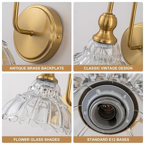 BrkNit Vintage Bathroom Light Fixtures Over Mirror, 1-Light Brass Wall Sconce Lighting with Flower Glass Shade, Farmhouse Vanity Lights for Bedroom Kitchen Living Room Hallway Light thumbnail 3