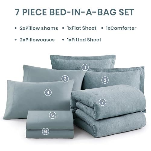 Monbix Full Size Comforter Set-7 Pieces Dusty Blue Cationic Dyeing Bed in a Bag Full Bedding Sets with Comforter, Sheets, Pillowcases & Shams, All Season Reversible Bedding Comforters thumbnail 7