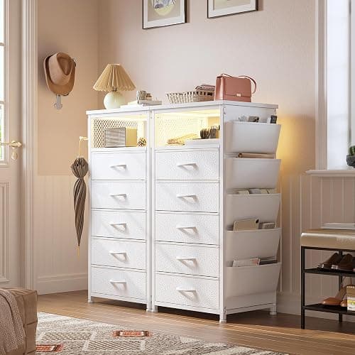 EnHomee Night Stand with 5 Drawers, Tall Nightstand with Charging Station and LED Light, Bedside Table with Extra Side Bag & Hooks, Bedroom, Closet, Hallway, Entryway, White thumbnail 6