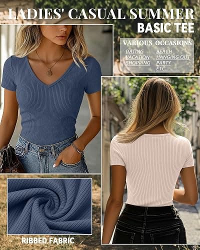 Ficerd 3 Pack Women's Short Sleeve Cotton T-Shirts V Neck Ribbed Slim Fit Tops Ladies' Casual Summer Basic Tee thumbnail 3
