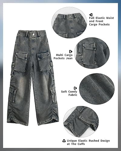 Rolanko Girls Cargo Pants Baggy Y2K Cargo Trousers Jeans Wide Leg Pants with Multi Pockets 4-15 Years - 12-14 - Multi-pockets thumbnail 2