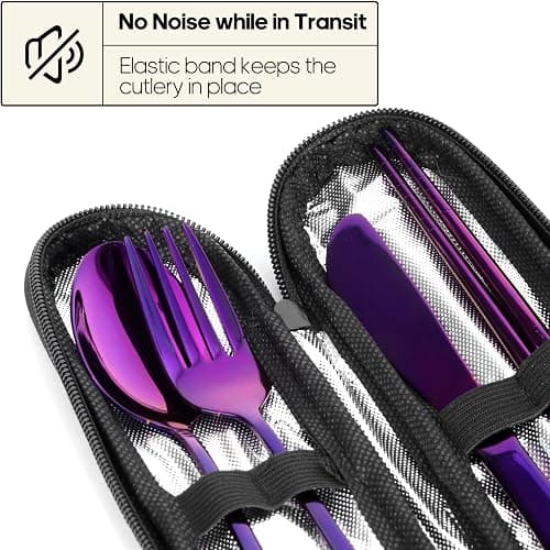 Travel Utensils with Case, Quatish Portable Silverware Set for Work, Stainless Steel Reusable Travel Cutlery Set, Fork and Spoon Set for Camping, EDC Gadgets, Lunch Box for Men, Purple thumbnail 5